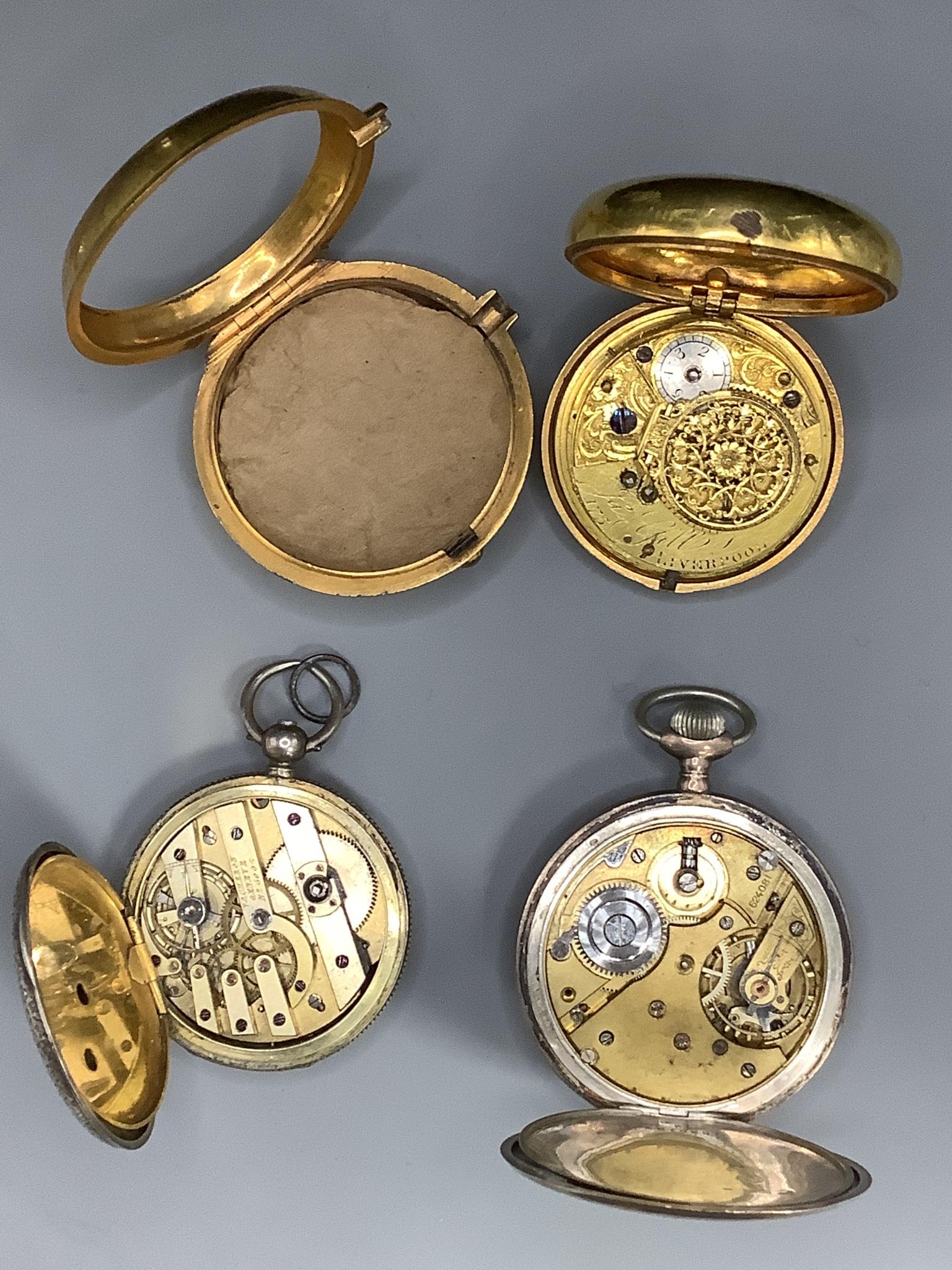 Three assorted pocket watches including a 19th century gilt metal pair case by Gill, Liverpool and two white metal.